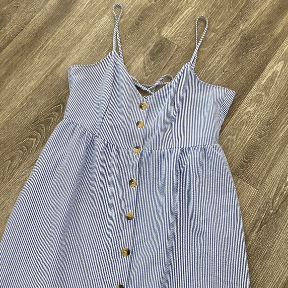 H&M button front midi dress striped blue white coastal seersucker dress 10 large - Picture 2 of 12